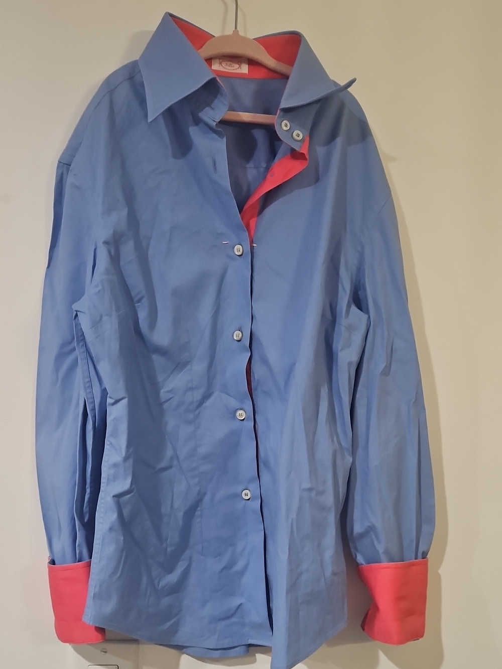 Light Blue Button-Down Shirt with Coral Trim - Women